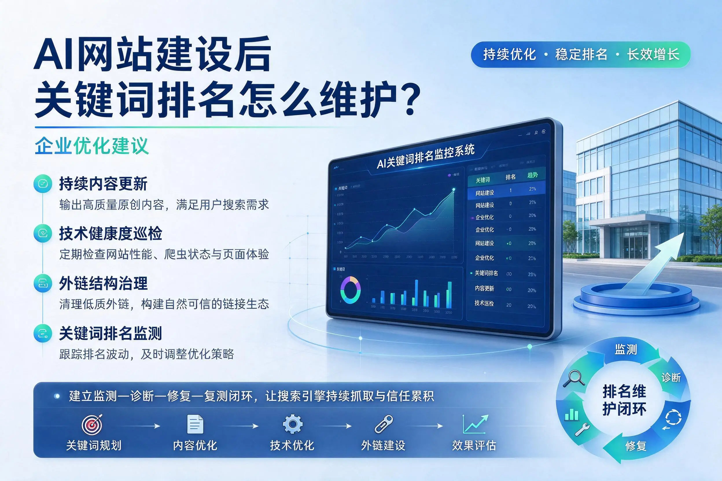 AI网站建设后关键词排名怎么维护？江苏企业优化建议